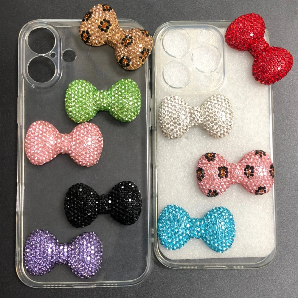 

2Pcs Bling Colorful Pink Brown Leopard Print Bow Flat Back Decor Pink Blue Red Bowknot Charm Junk Phone Case Hair Accessories