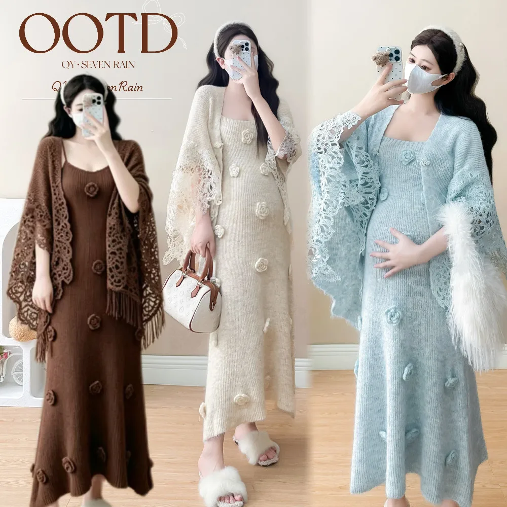 Maternity Suit Autumn Knit Flower Spaghetti Strap Long Dress and Hollowed Out Cape Cardigan 2026