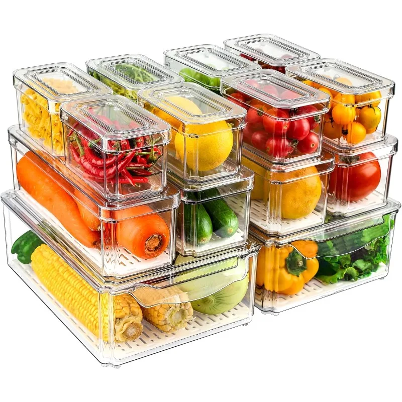 14 Pack Fridge Organizers and Storage - Refrigerator Organizer Bins with Lids, BPA-Free Fridge Organization, Fruit Storage