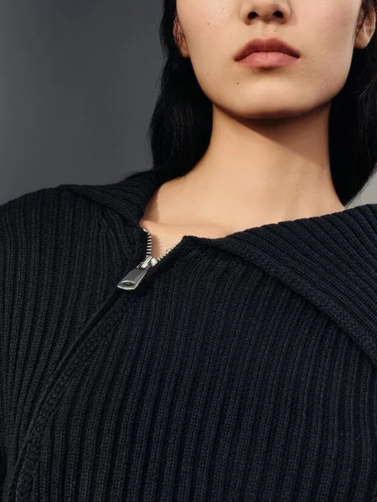 سترة أنيقة محبوكة بأكمام طويلة وياقة بسحاب، موديل جديد للخريف، كارديجان نسائي عصري مخطط قصير مفتوح من الأمام للمراهقات