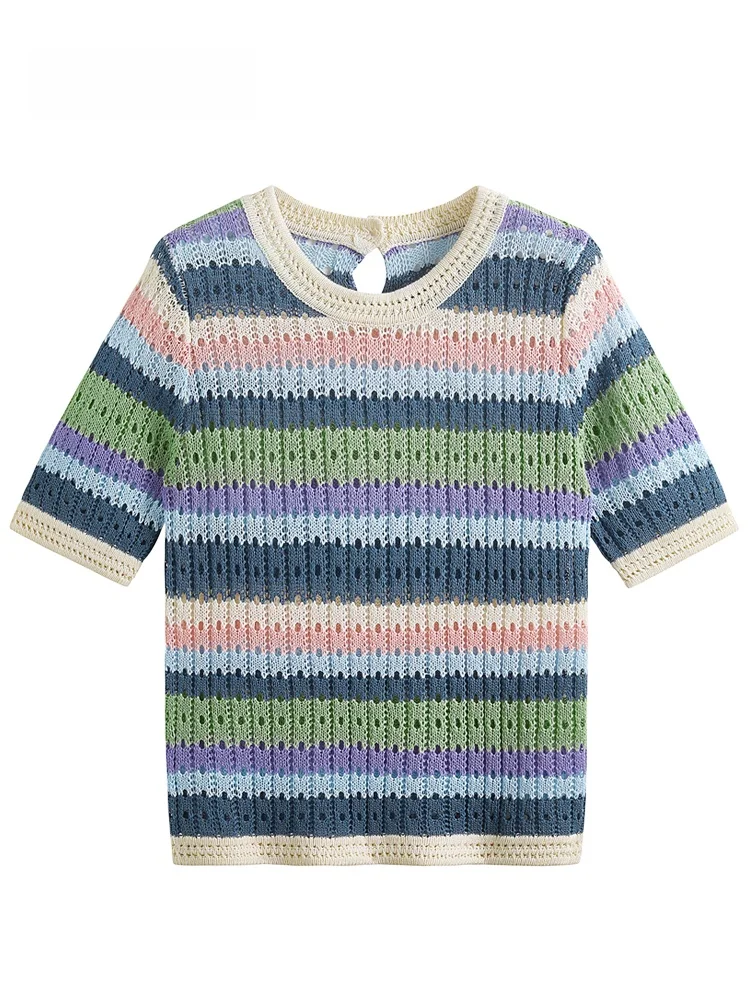 

JZZDEMM Women's Knitted ort Sve Top Summer Outerwear Hollow out Stripe Design Retro Commute Sle Slim Fit V-Ne Pullover