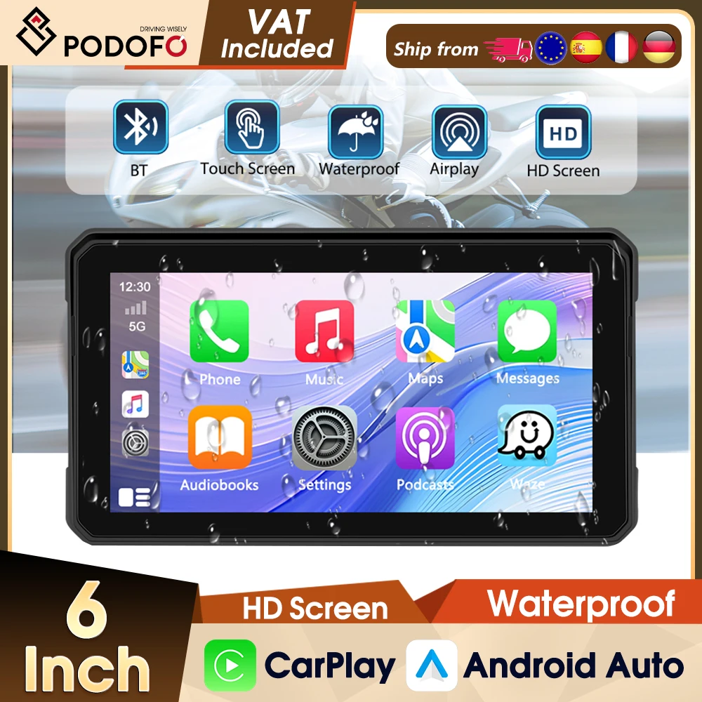 Podofo Carplay Motorrad-Monitor Kabelloses Android Auto Airplay IP68 Wasserdichter Tragbarer Monitor Reifendruckerkennung (Optional)