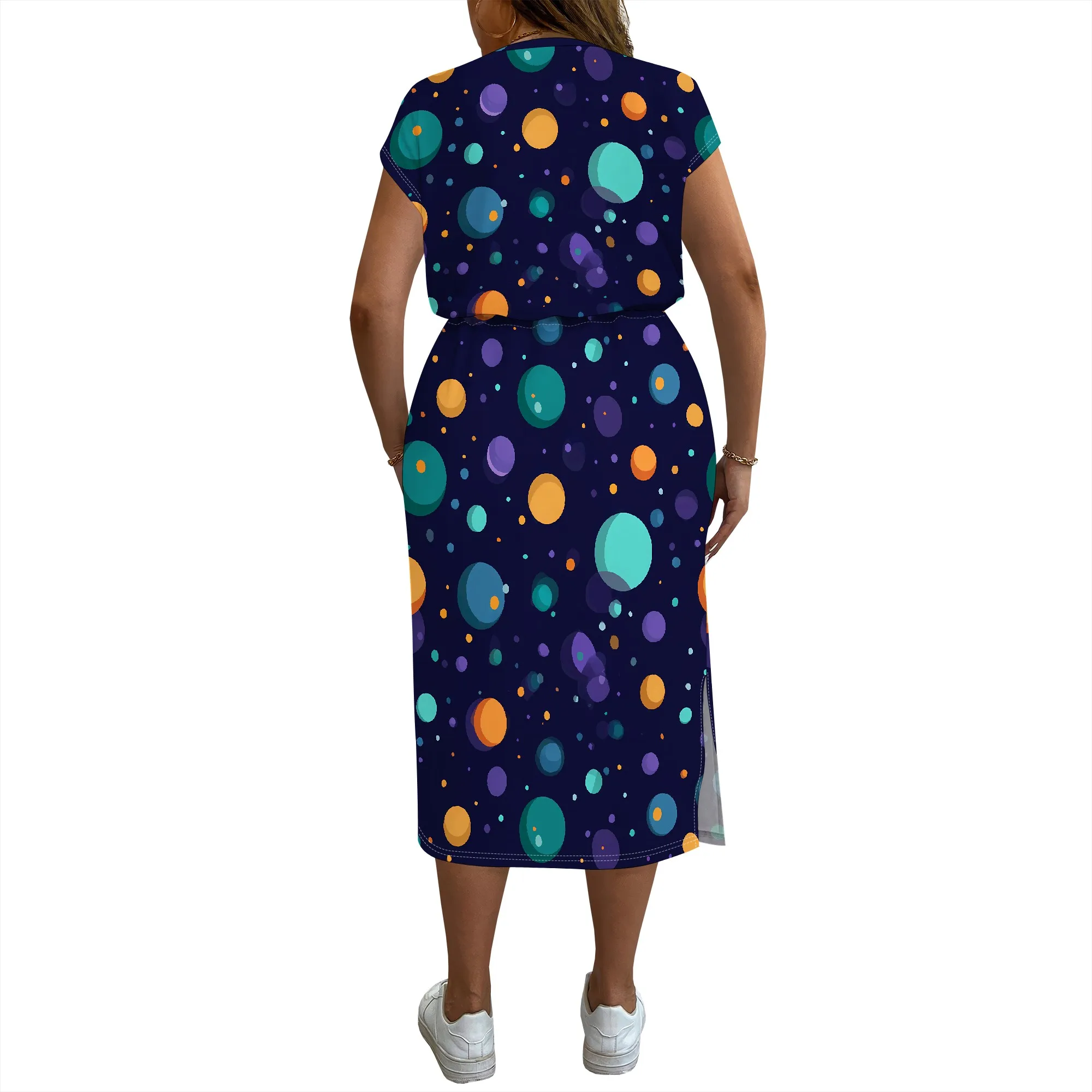 Galaxy Print Midi Dress, Space Pattern Short Sleeve Dress, Drawstring Waist Bodycon Dress, Summer Casual Wear for Women S-2XL