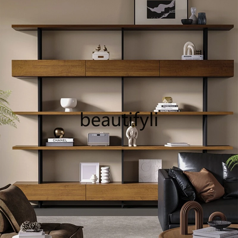 

Italian Minimalist Solid Wood Bookshelf Bookcase Integrated Wall-Mounted Floor Display Storage Rack Iron Art