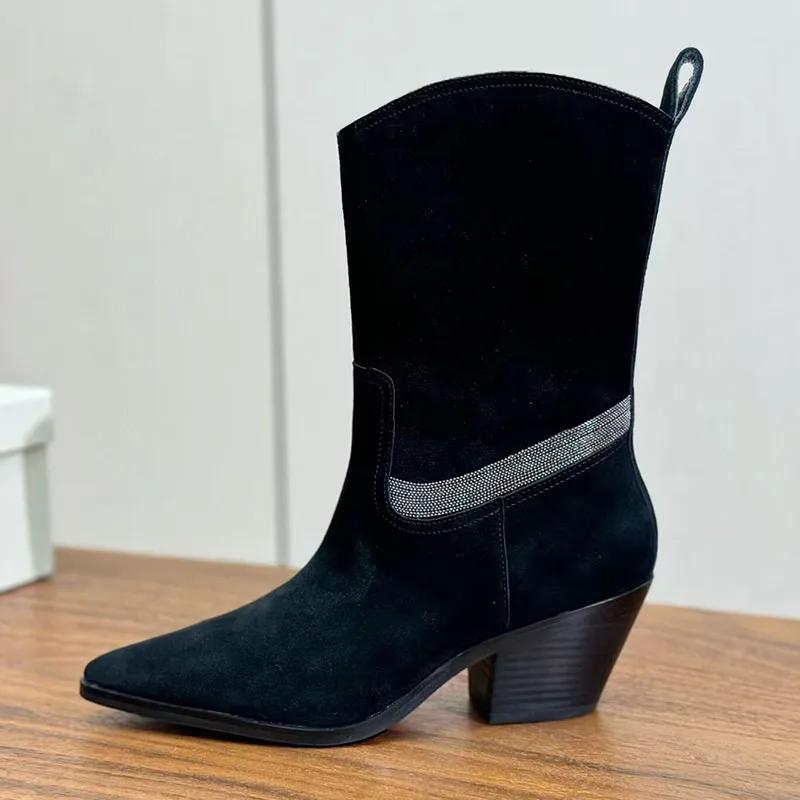 Cow Suede Chunky High Heel Mid Calf Boots Women Pointed Toe Metal String Bead Decor Short Boots Autumn Winter Chelsea Boots