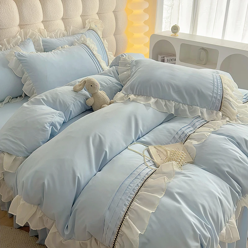 

INS Girls Синие комплекты постельного белья с однотонными оборками и кружевом Kawaii, мягкая юбка для постельного белья, женская пододеяльник, наволочки, пододеяльник