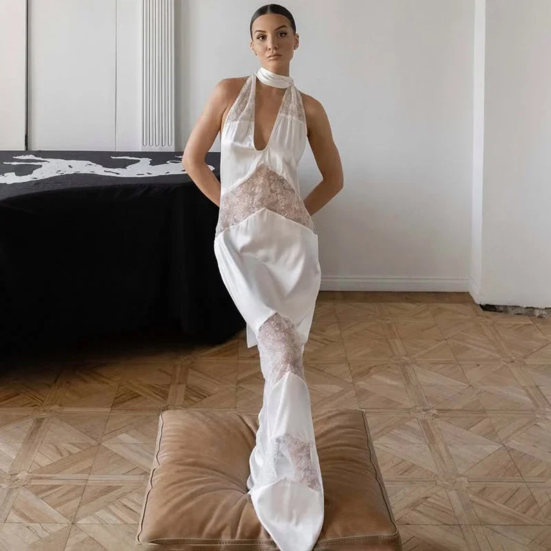 

Lace Splice Halter Maxi Dress Women's Elegant Sexy Ribbon Evening Party Dress Deep V neck Backless Slim Dress Female