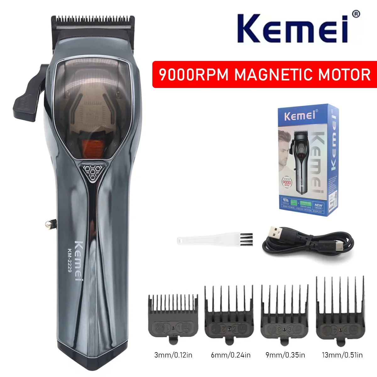 

Kemei KM-2229 Men's Hair Clipper 9000 RPM Magnetic Motor DLC Blade LED Display Professional Hair Trimmer Hair Cutting Machine