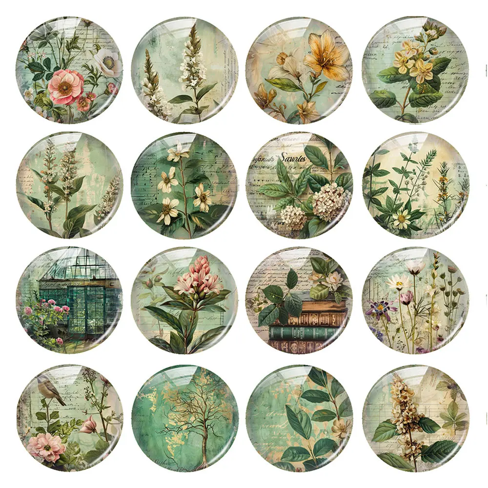 Random Mixed Round/Oval/Square Herbaceous Flower Green Retro Photo Glass Cabochon Flatback Demo Cameo For Diy Jewelry Making