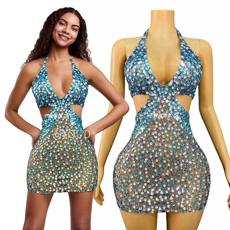 

Nightclub Party Outfit Women Stage Performance Outfit Sexy V-Neck Blue Short Dresses Sequin Glitter Costume Rave Clothing 3514