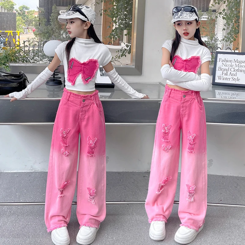 Young Girl Clothing Sets Removable Long Sleeves Butterfly Tops+Letter Gradient Wide Leg Pants junior Suits Hip Hop Teen Clothes