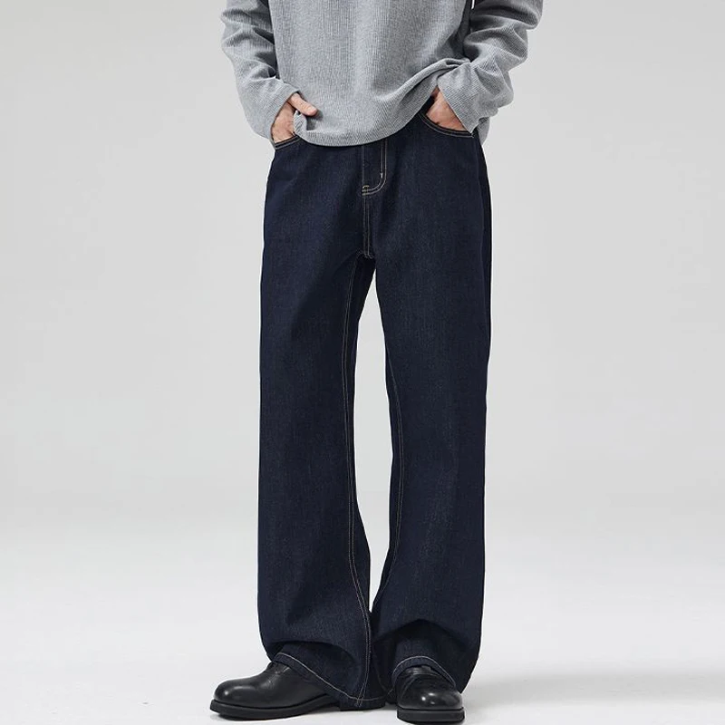 KSTUN Dad Jeans Men Wide Leg Pants Baggy Jeans Loose Straight Cut Dark Blue Male Full Length Trousrs 2025 Spring Mens Clothing