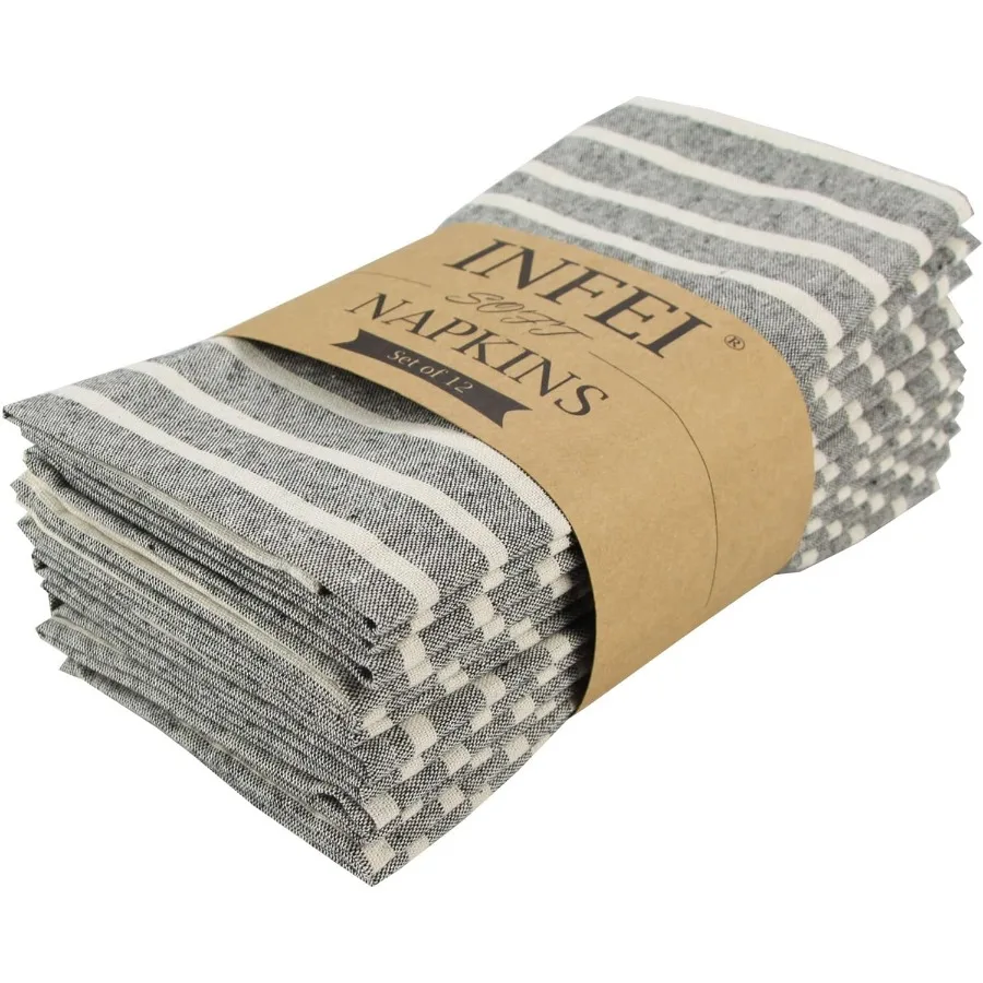 طقم مناديل قماش عشاء مخططة واسعة من القطن مقاس 12 40 × 30 سم للمناسبات والاستخدام المنزلي (أسود)