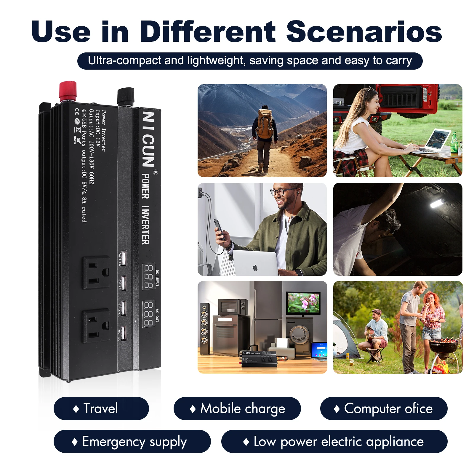 محول طاقة السيارة 6000 واط محمول تيار مستمر 12 فولت إلى التيار المتناوب 110 فولت محول محول طاقة السيارة 60 هرتز شاشة LCD عرض 4 منافذ USB #3