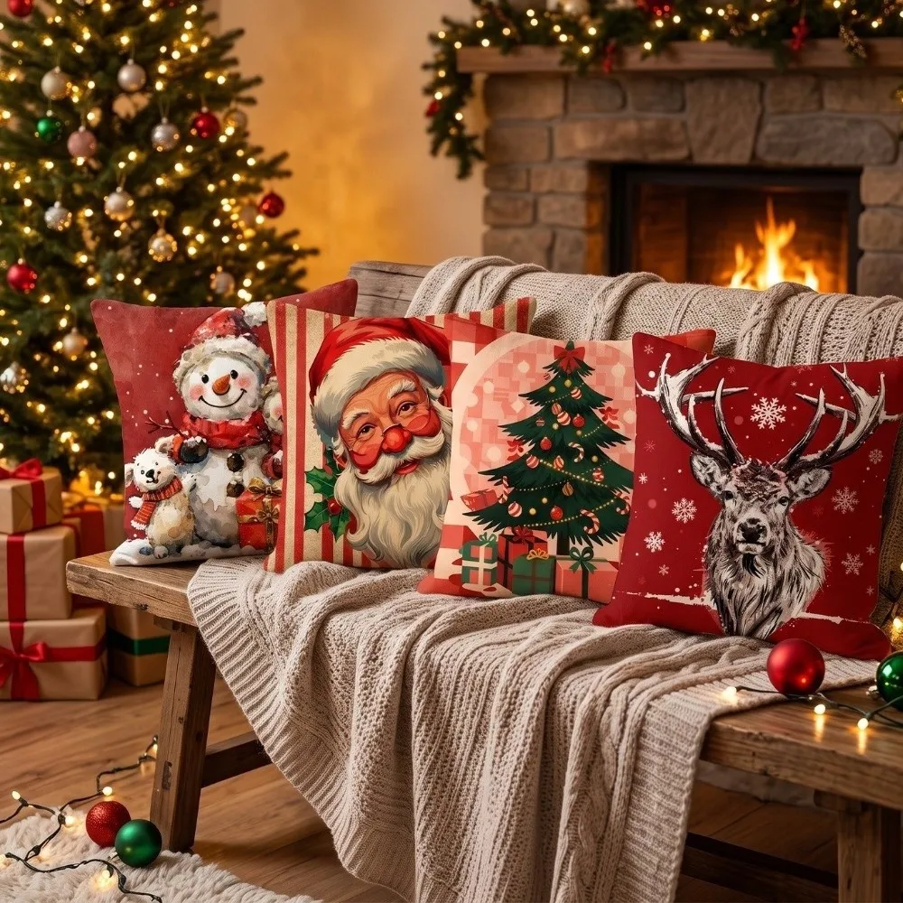 Soft Christmas Pillow Cover Snowman Santa Claus Xmas Tree Pillowslip Bowknot Square Santa Pillow Cover Living Room Sofa