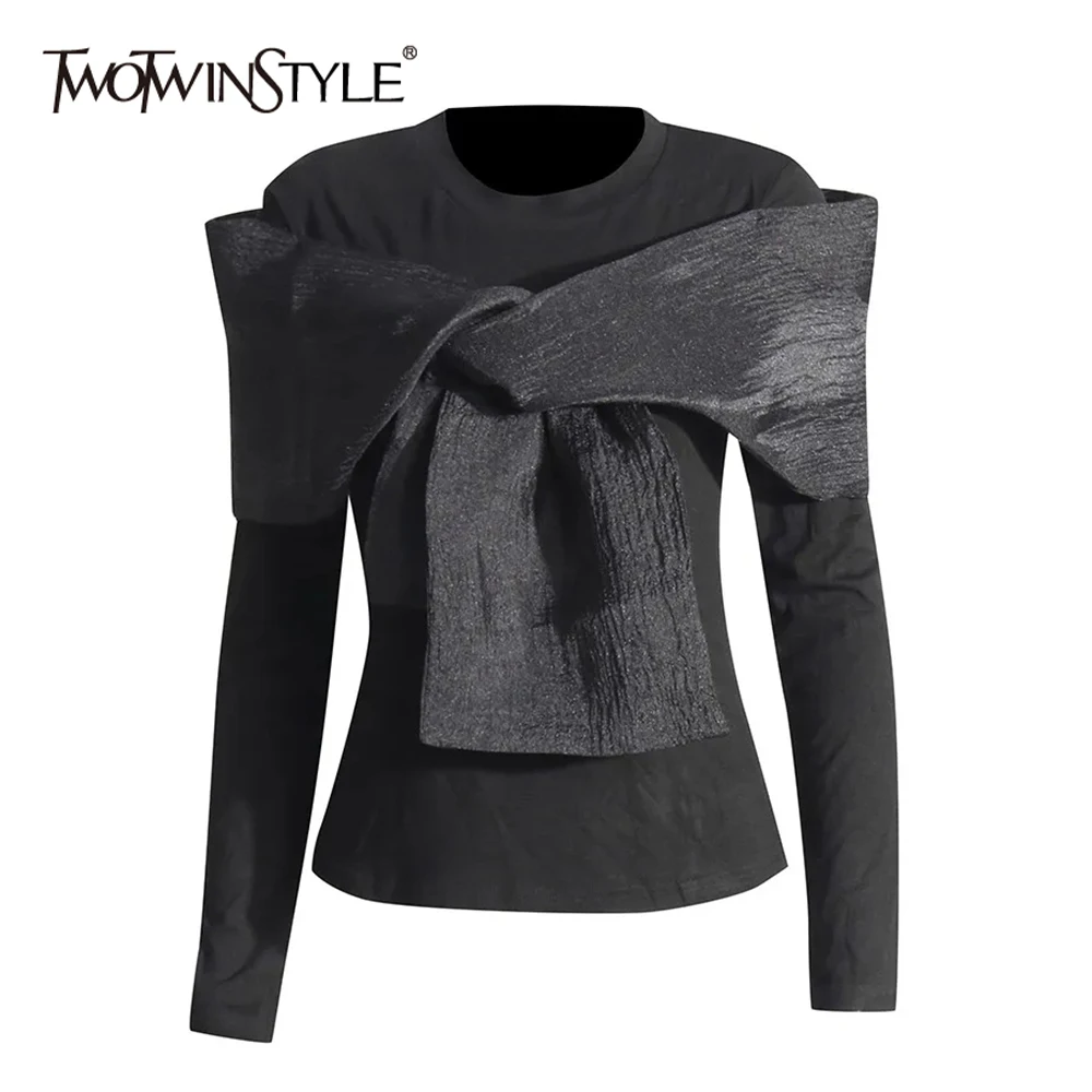 

TWOTWINSTYLE Crisscross Hit Color T Shirts For Women Round Neck Long Sleeve Pullover Autumn T Shirt Female Fashion Clothing New