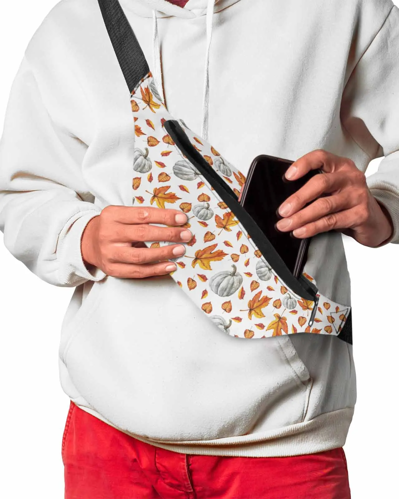 Riñonera impermeable con estampado de hojas de acuarela, bolso de cintura con diseño de calabaza, ideal para Otoño y acción de gracias