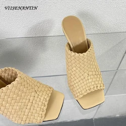 Square Toe Elegant Lady Summer Sandal Shoes Handmade Weaving Gold Metal Knot Heel Sexy 2023 New Arrival Runway Sapatos Mujer