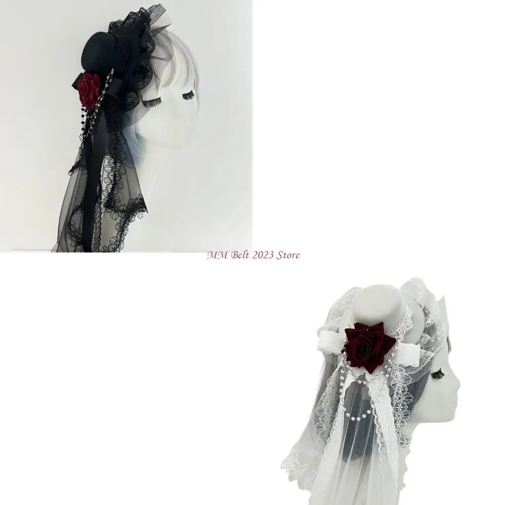 

49ME Gothic Performances Hairpin Dark Veil Weeping Rose Top Hat Hair Clip European American Hair Accessory