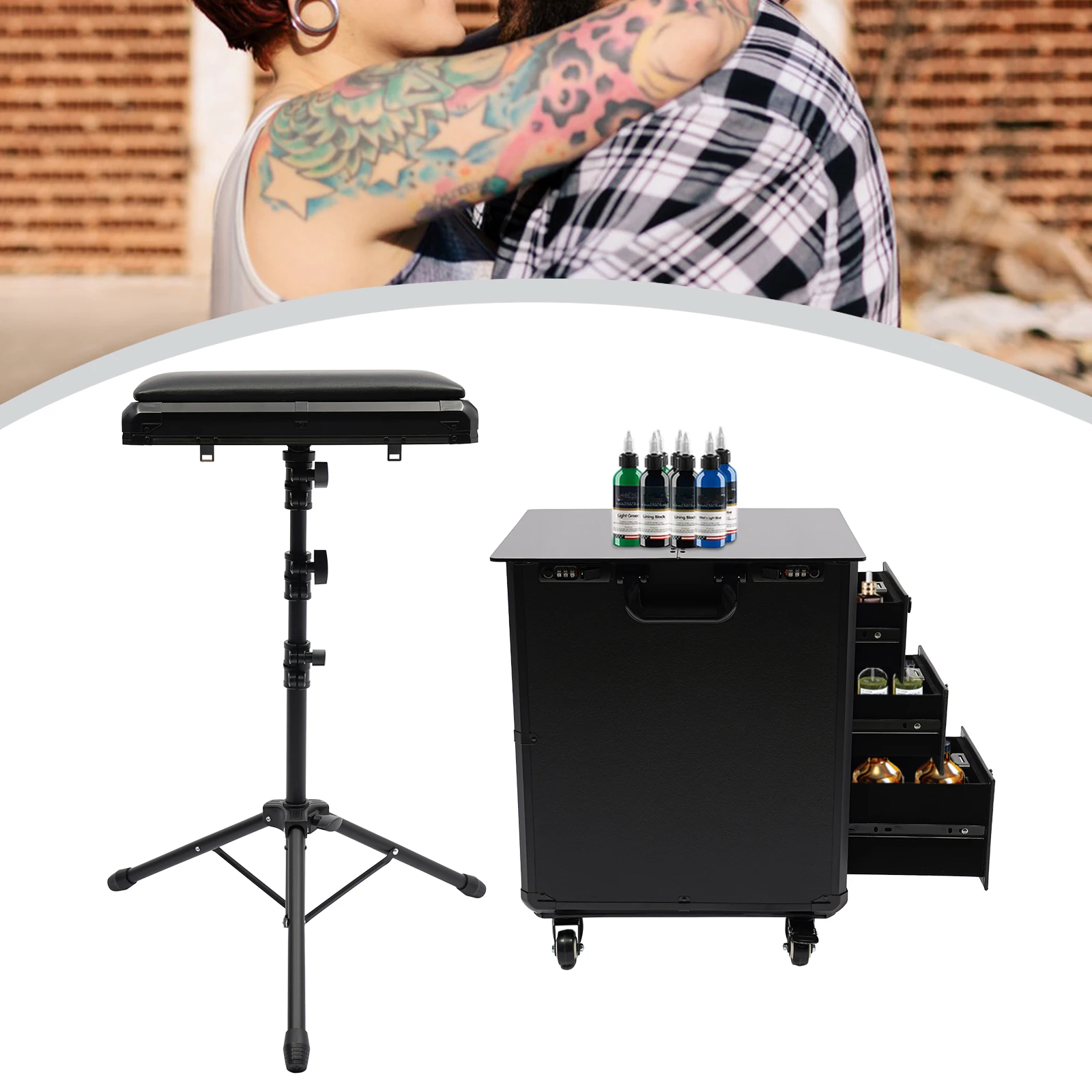Rolling Tattoo Trolley Case with Wheels, 3 Drawers Adjustable Tattoo Workstation Portable Tattoo Station with Combination Lock