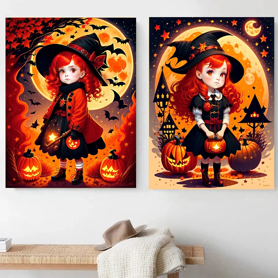 

DIY мультфильм девушка алмазная живопись комплект маленькая ведьма тыква фонарь крест вышитая Алмазная мозаика украшение дома