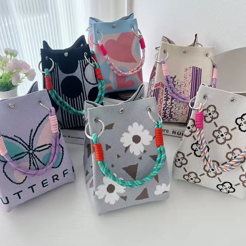 

Korean Butterfly Pattern Knitted Bucket Bag Commuting Large Capacity Handbag Multifunctional Portable Shopping Bag Cute Handbag