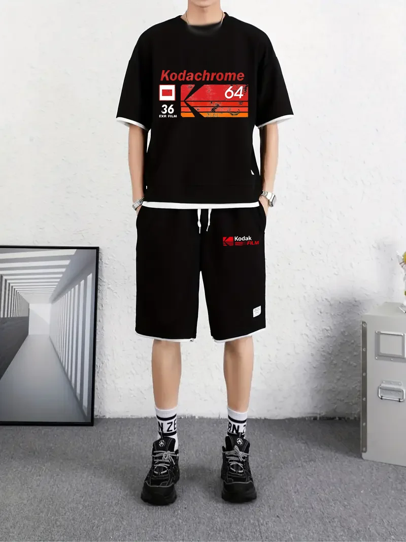 

Kodak Retro Print Men's Short Sleeve + Shorts Set - Adult Summer Outdoor Breathable Fitness and Sports Two-Piece Set
