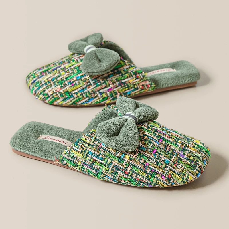 

Luxury Fluffy Cotton Slippers Women Sweet Bow Decoration Brand Designer Shoes Comfortable Lightweight Soft Bottom Home Slippers
