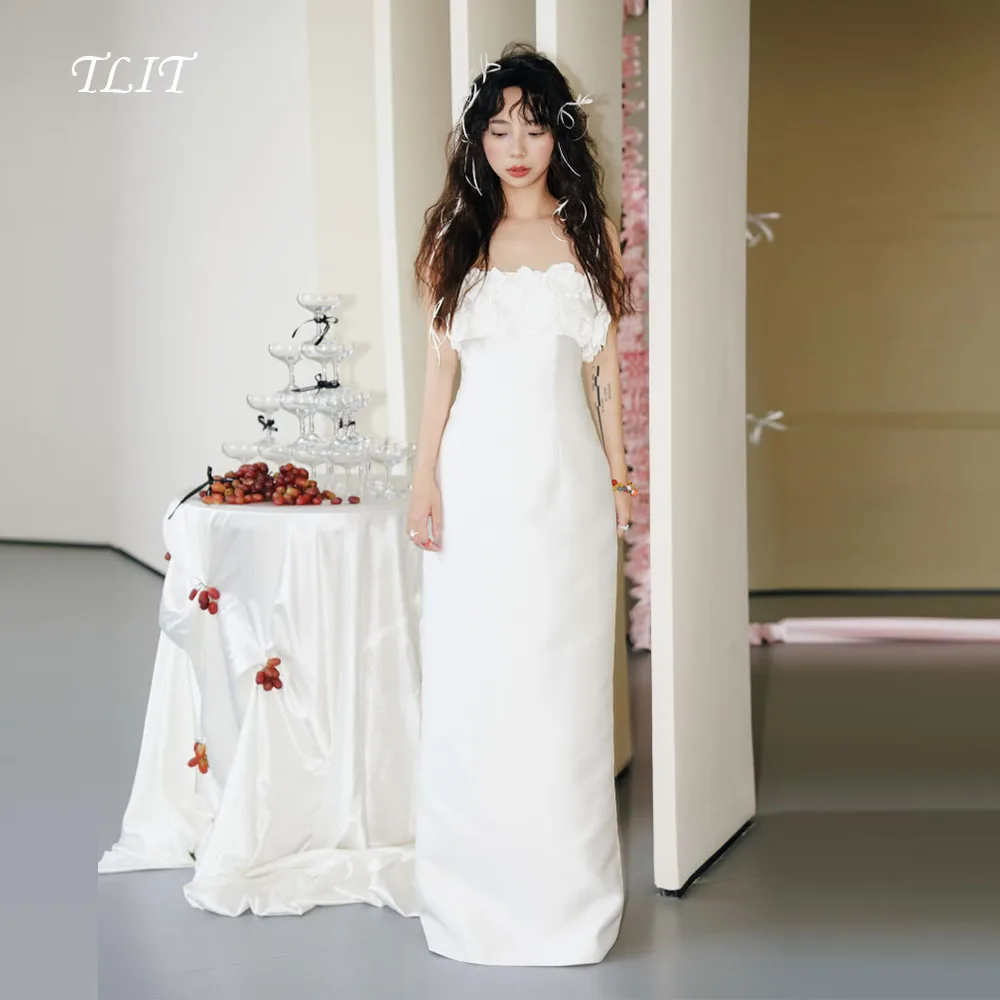

TLIT Simple Applique Flowers Wedding Dress Spaghetti Strap Bridal Gowns Korea Wedding Dresses Photos Shoot Customized 웨딩드레스