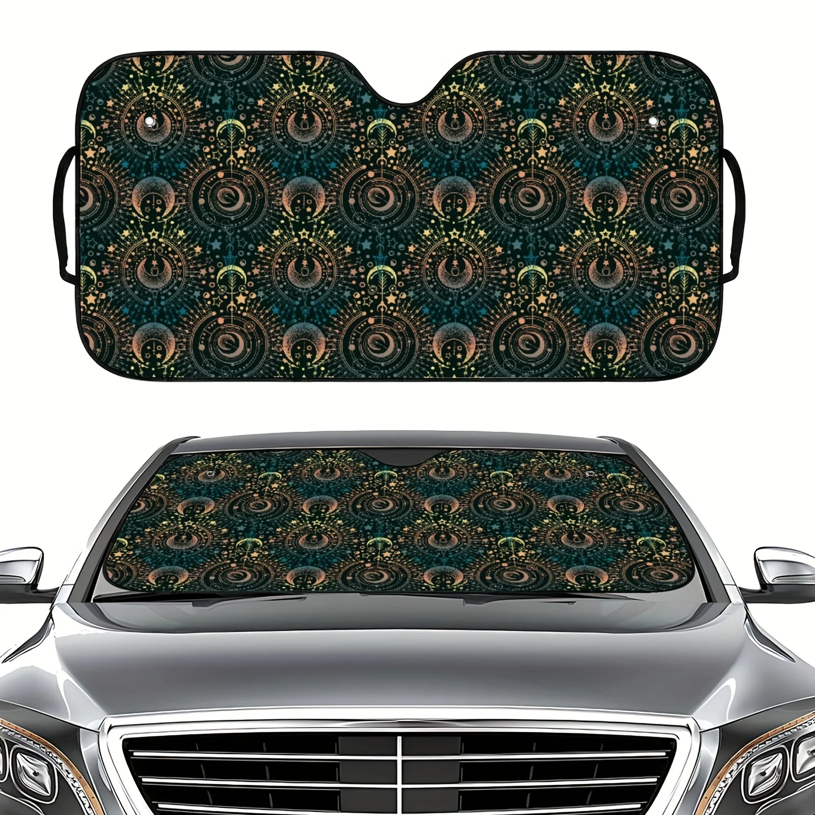 

A Single Piece Of And Patterned Yellow-Green Printed Car Windshield Suitable For Most Models Including Trucks, Rvs, And Sedans.