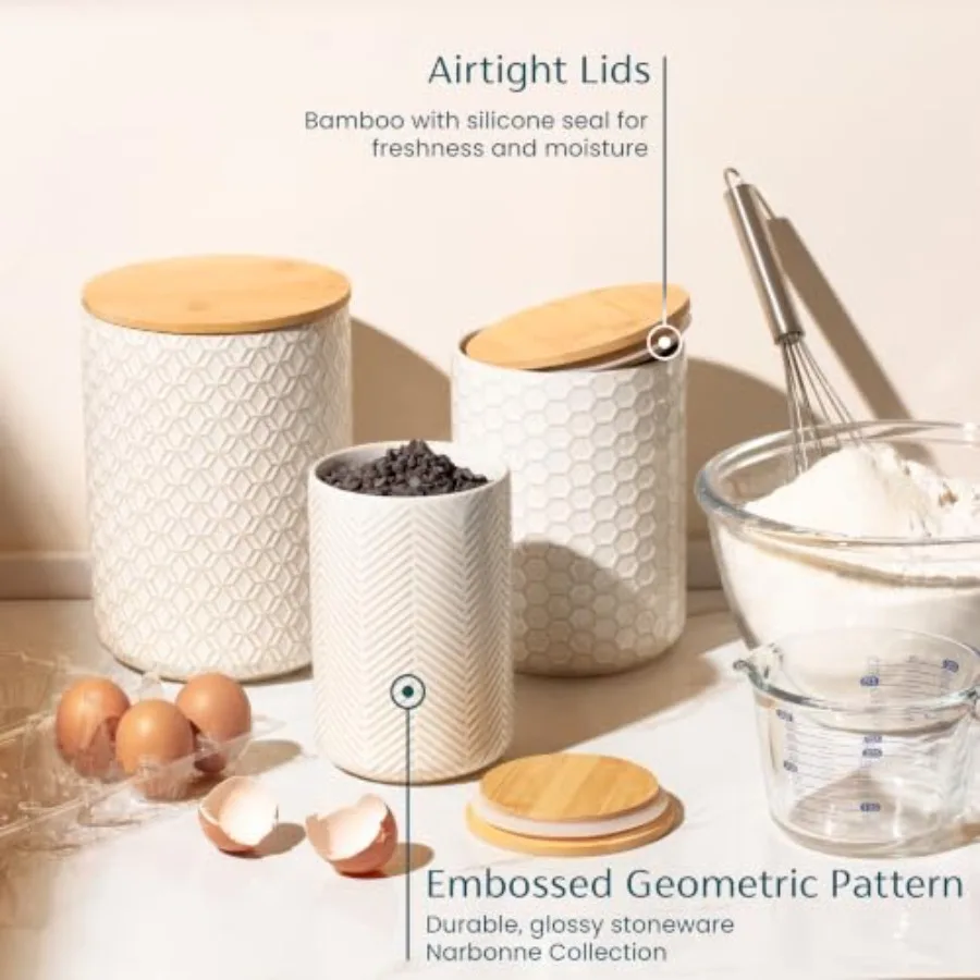 Ceramic Storage Containers, Embossed Pantry and Bathroom Canisters with Airtight Bamboo Lids, Dishwasher Safe Stoneware Jars 40