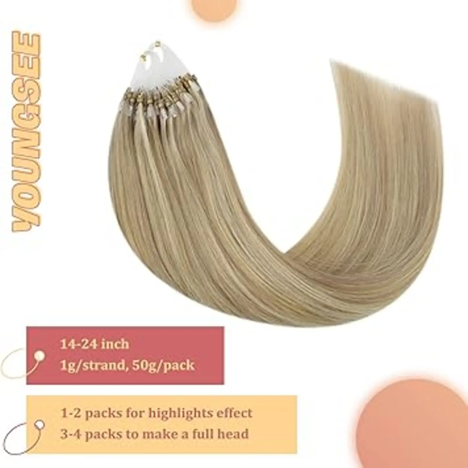 [สีแฟชั่น] YoungSee Micro Ring Loop Hair Extensions Seamless Micro Bead Remy Hair Extension สําหรับผู้หญิง 50G