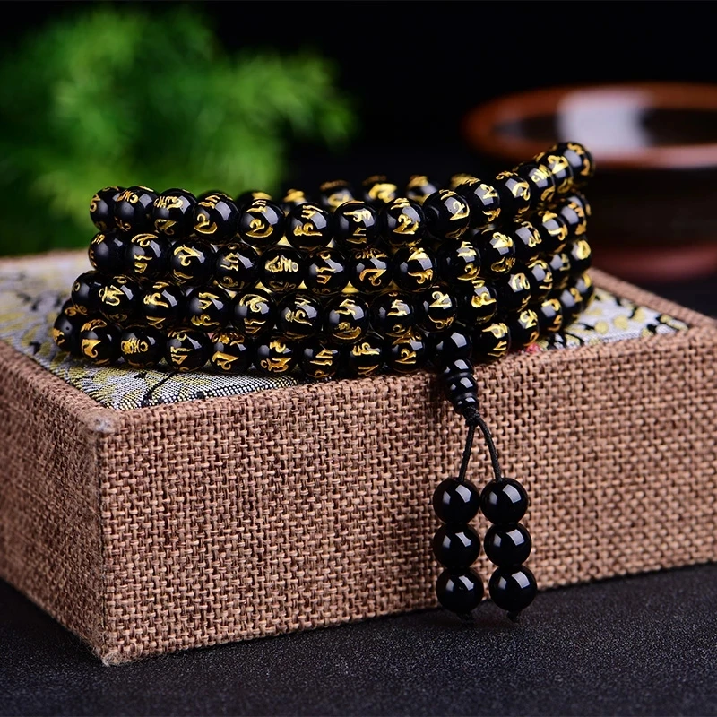 Natural Obsidian Six Words Bronzing 108 Beads Bracelet Fashion Jewelry With Many Layers Stretch Bracelets&Bangle For Men Women