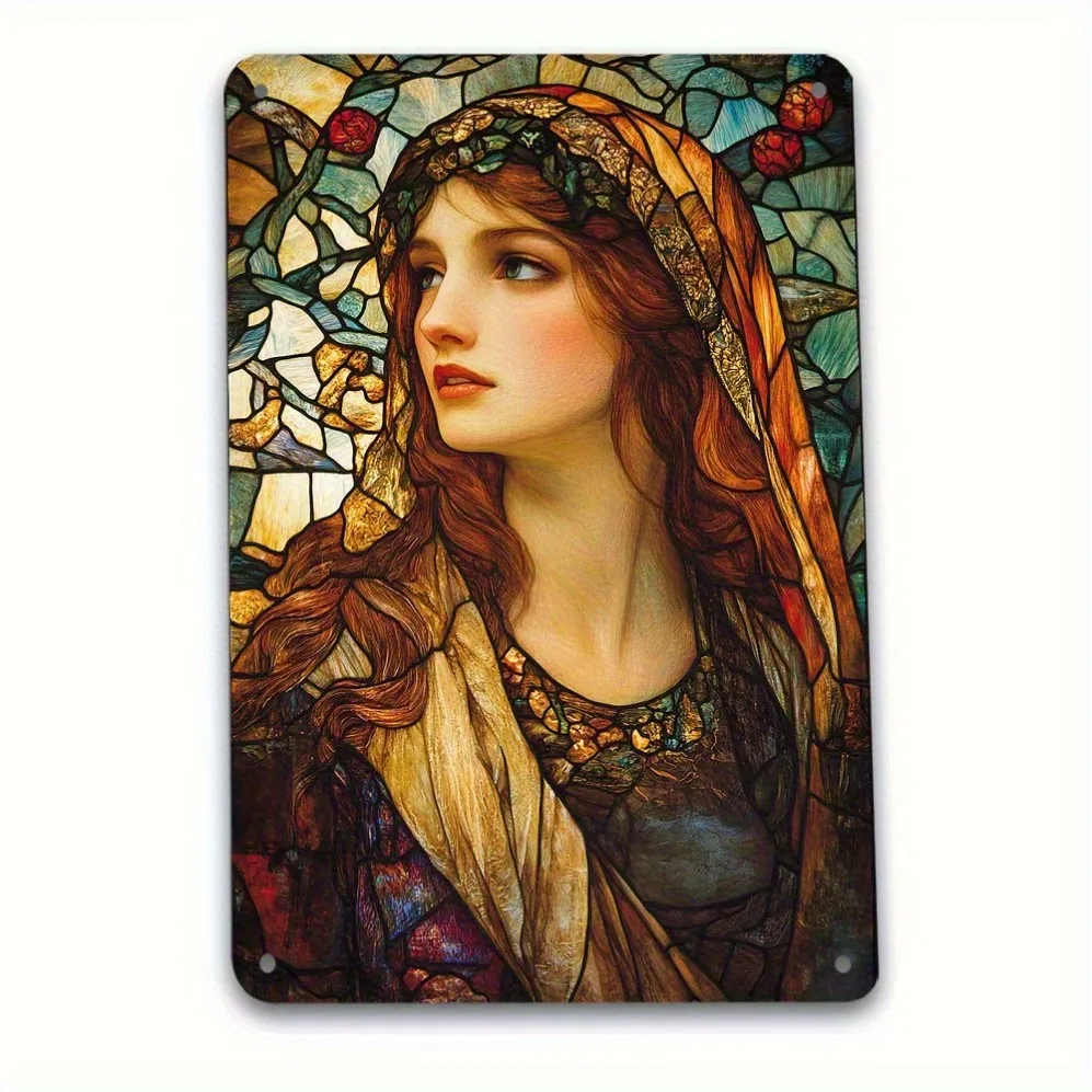 Metal Wall Art Vintage Stained Glass Female Figure Sculpture 8x12 Inch Art Deco Iron Decor for Home Bar Garage
