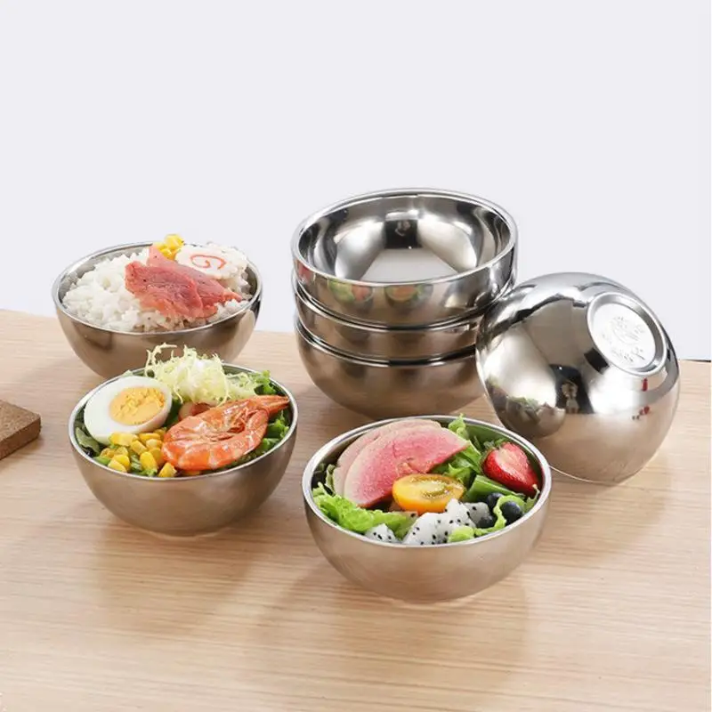 Stainless Steel Threaded Rice Bowl Dough Round Soup Double Layer Insulated Ramen Bowls Home Tableware Kitchen Accessories