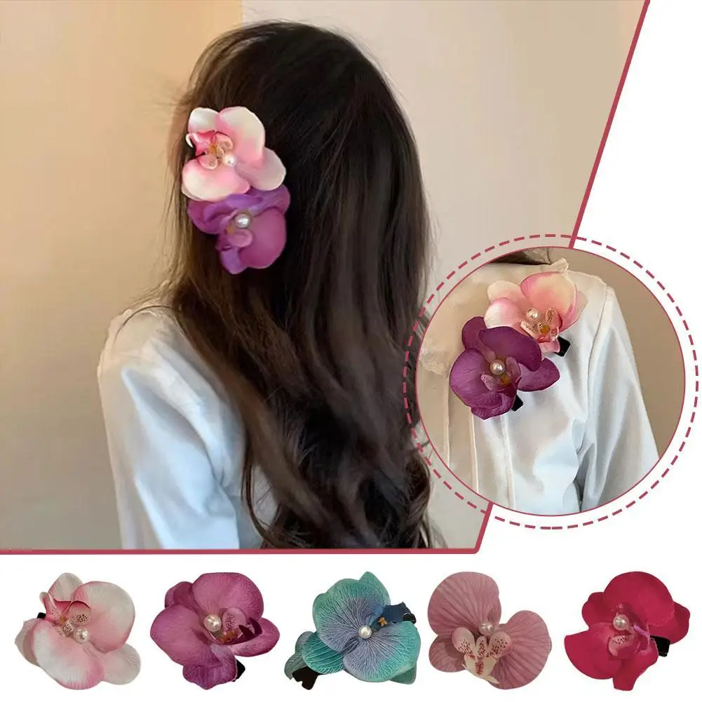 Korean Sweet Phalaenopsis Flower Hairpin 2024 New Fashion Bohemia Creative Design Cloth Floral Pearl Hair Clip Female Headdress