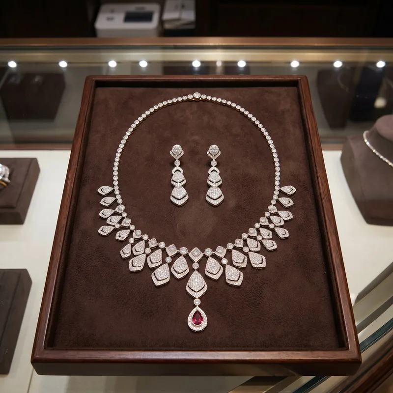 

Europe America Style Necklace Earrings Inlay Full Cubic Zircon Drop-shaped Tassels Pendant Chain Dinner Party Jewelry Sets