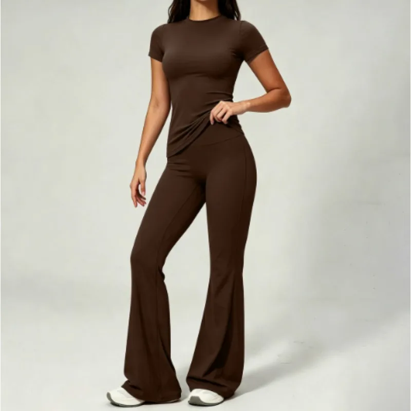 Soft Seamless Yoga Outfits Women Slim Fit Short Sleeve Tee High Rise Flared Leggings Sport Gym Two Piece Set