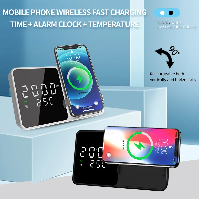 Fast Wireless Charger Stand With Alarm Clock & Thermometer, 3 In 1 Charging Station For Iphone Samsung