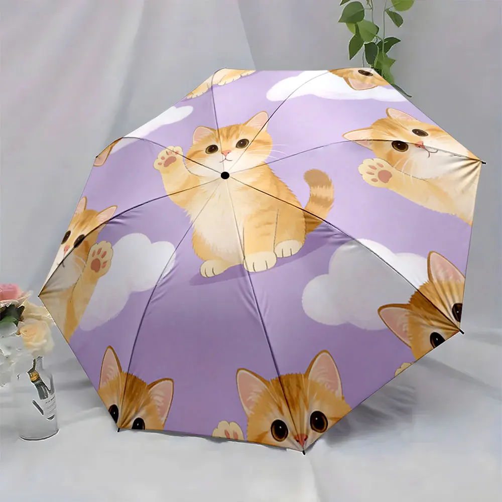 1PC Cute Cat-Themed Umbrella in Pastel Design Print 8 Iron Ribs Folding Umbrella Auto-Open Fashion Sunshade