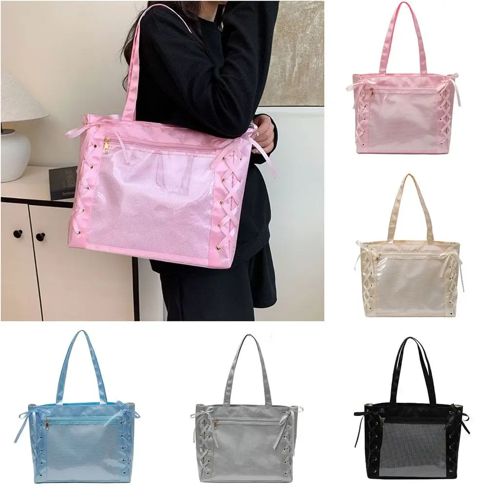 

Large Capacity Sweet Ita Tote Bag Bow Ribbon Clear Front Pocket Transparent Shoulder Bag INS Multi-Purpose