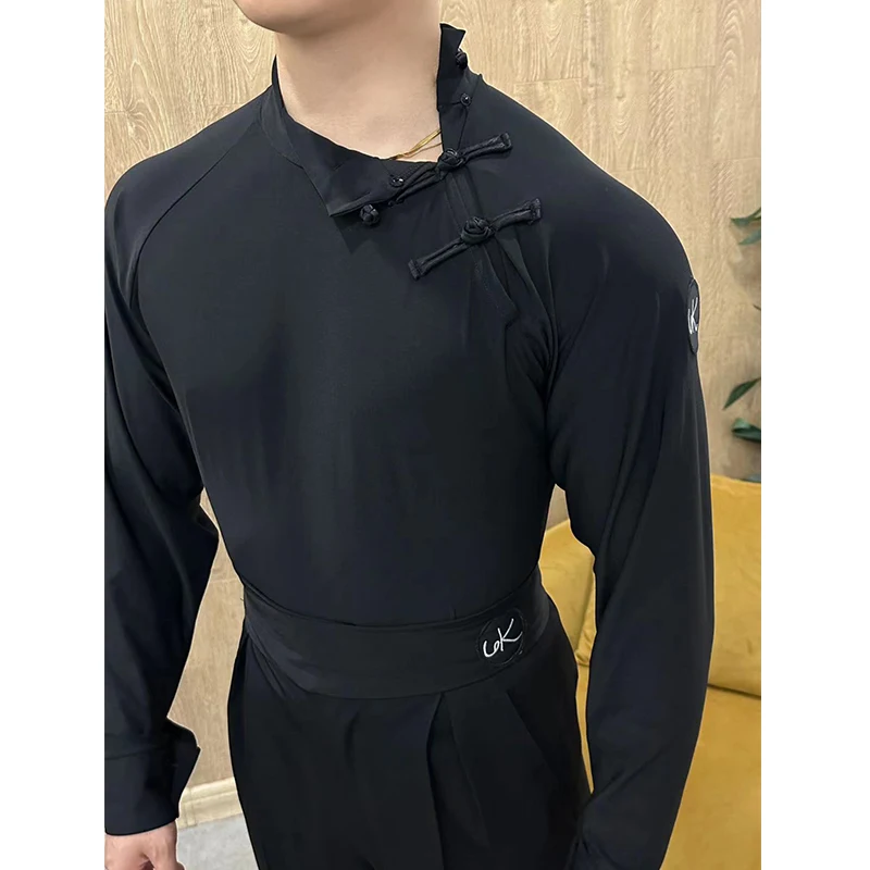 Men Latin Dance Clothes Long Sleeves White Black Tops National Standard Dance Performance Wear Rumba Ballroom Dance Tops NV21951