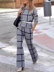 2 Piece Sets Outfit Workwear Elegant Plaid Print Top Long Pants Set For Women Office Wear Outfit With Half-high Collar Matching