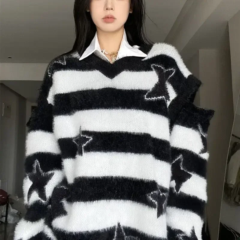 V คอสีดําสีชมพูลายเสื้อกันหนาว Y2k เสื้อผ้าปิดไหล่ Star เสื้อกันหนาวผู้หญิงถักเสื้อ Sueter Mujer Vintage