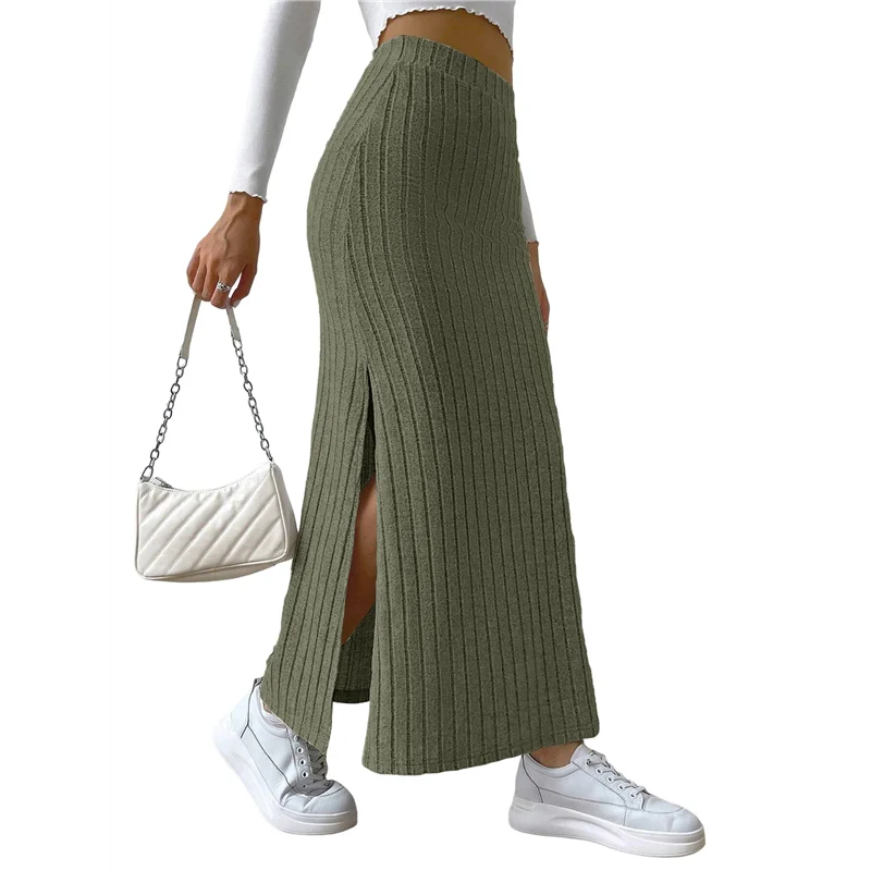 

CYL-Women's Bodycon Knitted Pencil Skirts Elastic Split High Waisted Midi Skirt