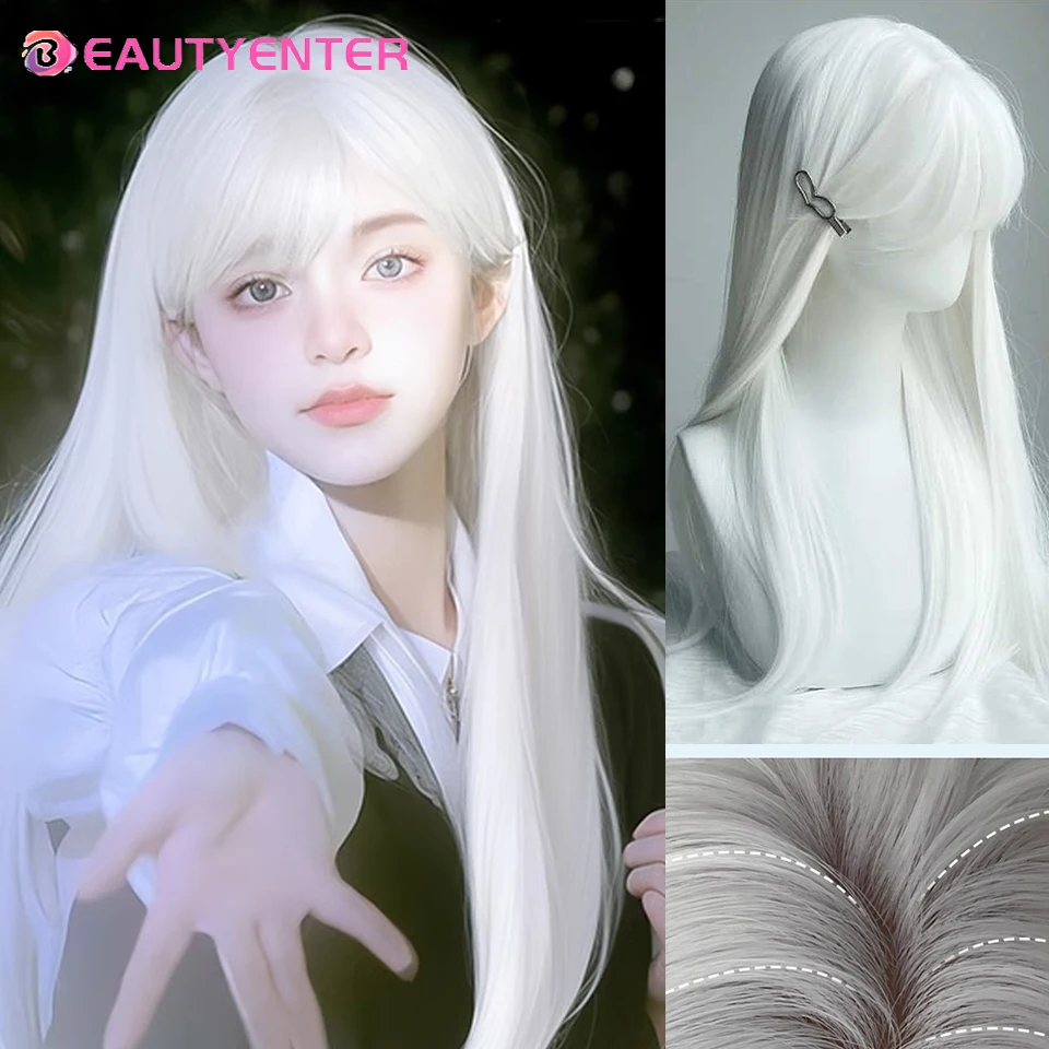 

BEAUTYENTER White Long Straight Synthetic Wigs for Women Colorful Cosplay Party Fake Hair with Bangs White Wig HighTemperature