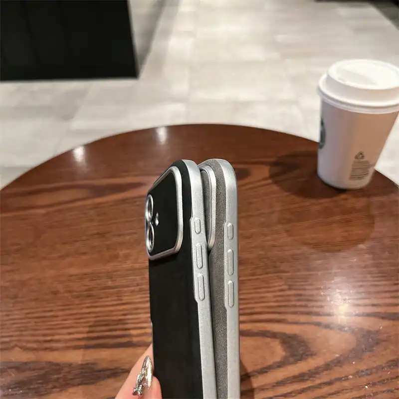 Luxury Matte Suede Leather Case for iPhone 16 Plus 15 14 13 12 11 Pro Max Plating Shockproof Lambskin Skin Soft Silicone Cover