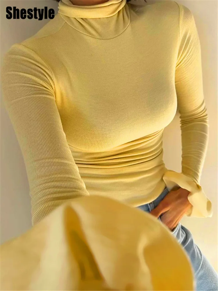 Shestyle Yellow Knitted High Neck Texture T-Shirts Asymmetrical Flare Sleeve Autumn Crop Tops Yellow Simple Basic Tees Stylish