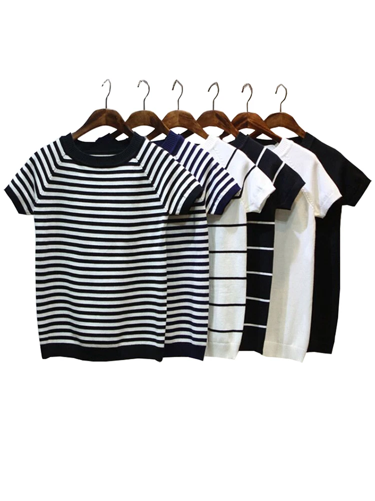 Summer Short Sleeve Striped Pullover Women Sweater Knitted 2022 Sweaters O-Neck Tops Korean Pull Femme Jumper Female White Black