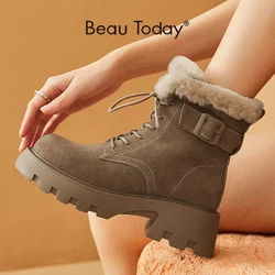 BeauToday stivaletti donna pelle scamosciata di mucca stringata punta tonda fibbia cinturino Decor piattaforma scarpe da donna suola spessa fatta a mano 08216